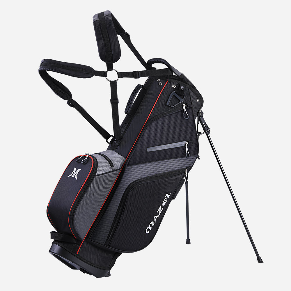 black golf stand bag with reinforced triangular legs and non-slip base