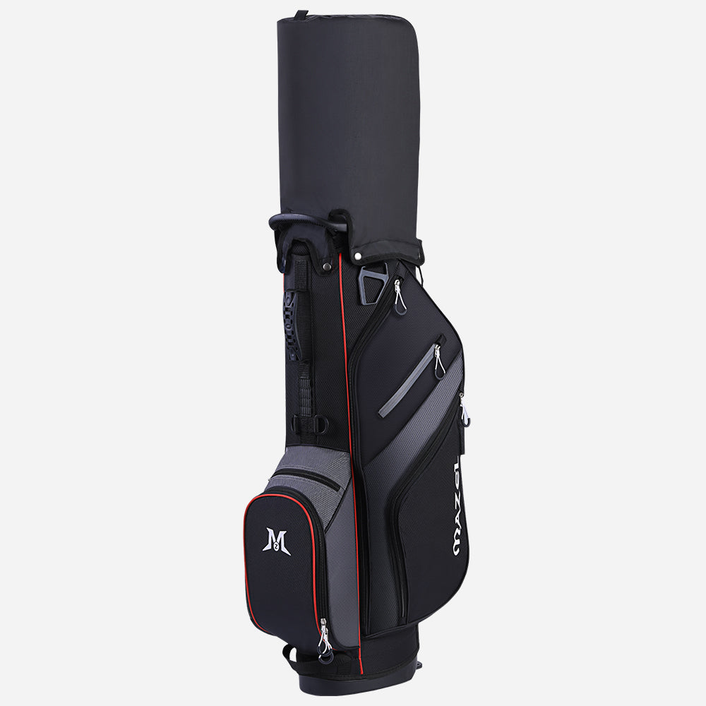 Black golf bag with protective rain cover for travel and storage