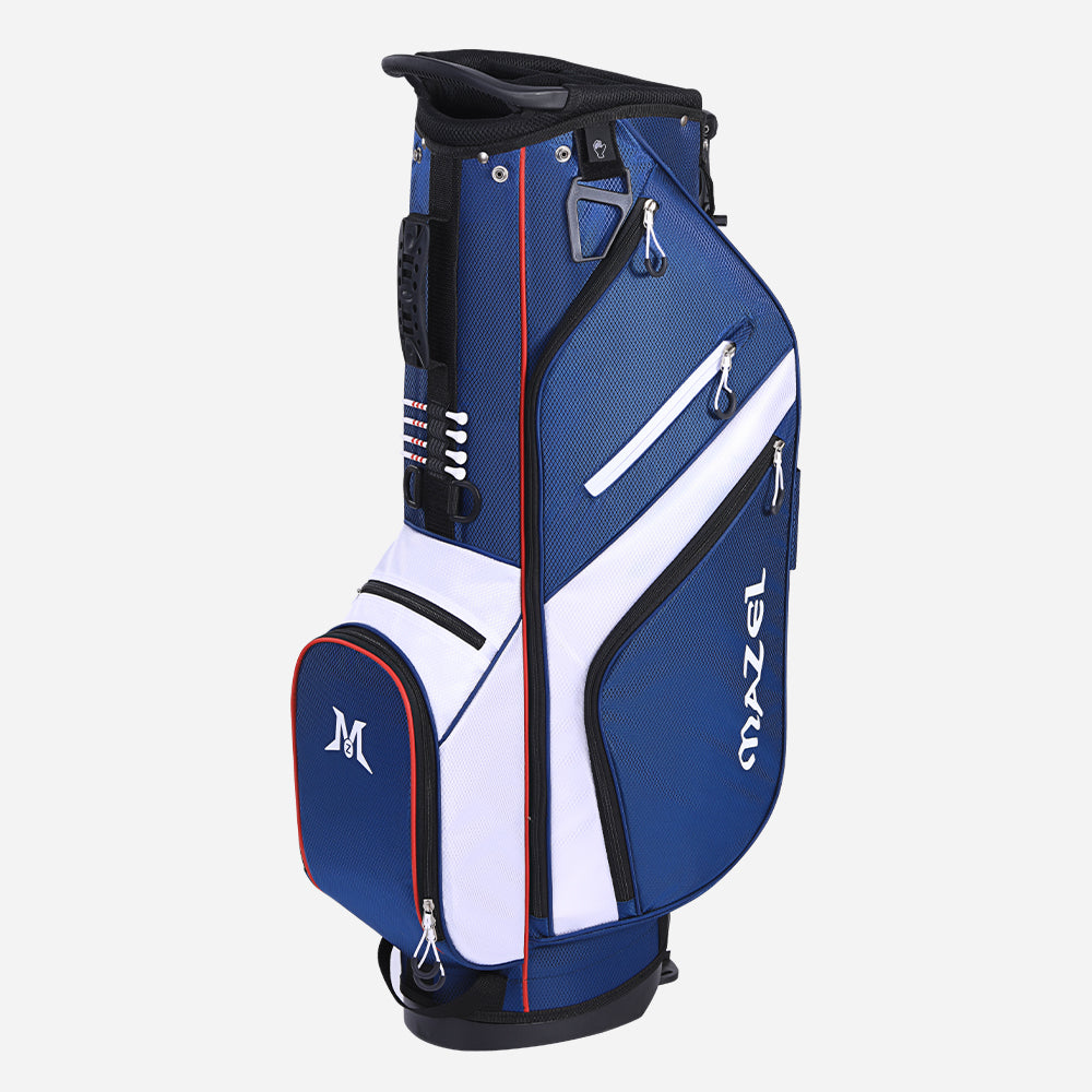 blue golf bag for men with 6-way divider and cooler pocket
