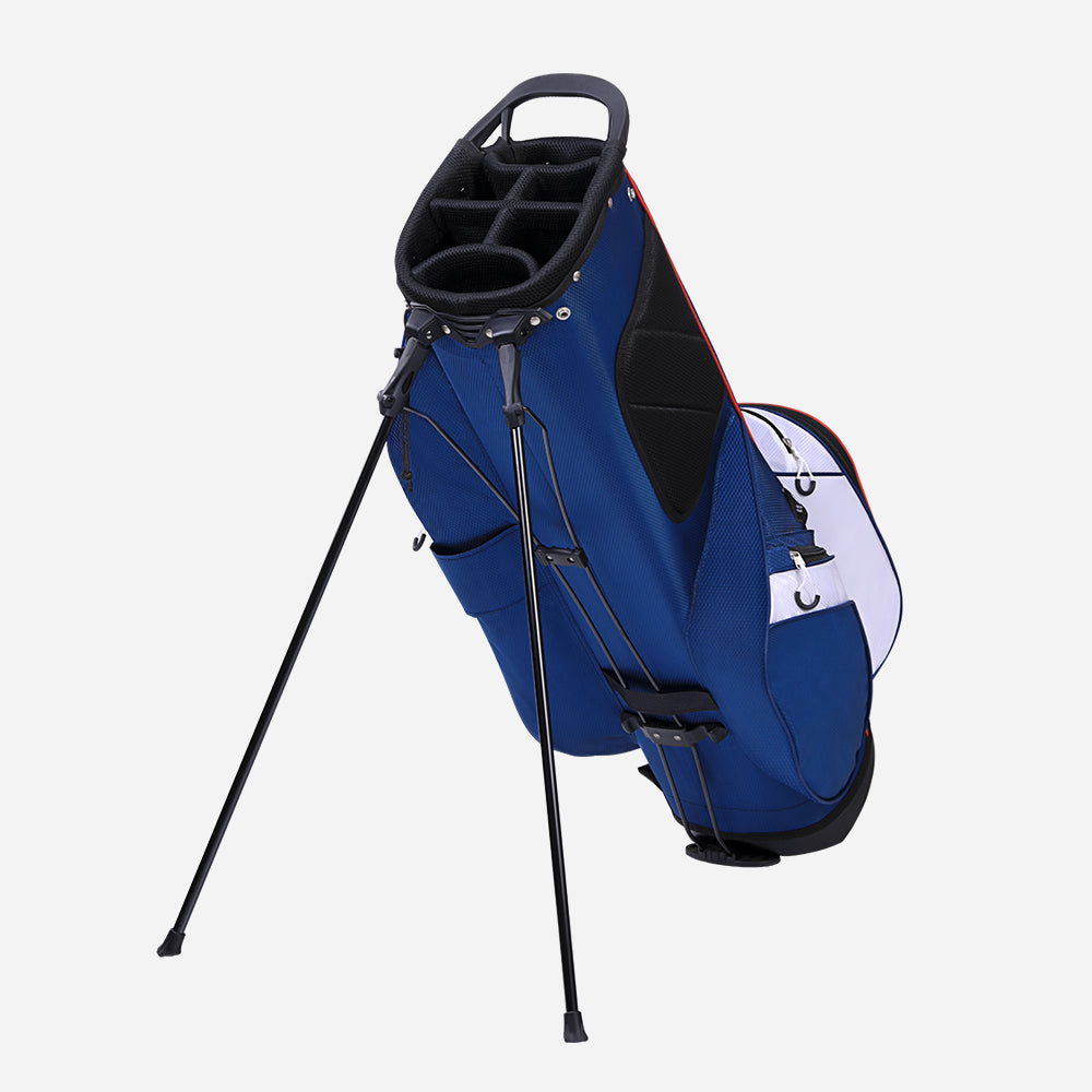 Front view of lightweight golf stand bag with 6-way dividers