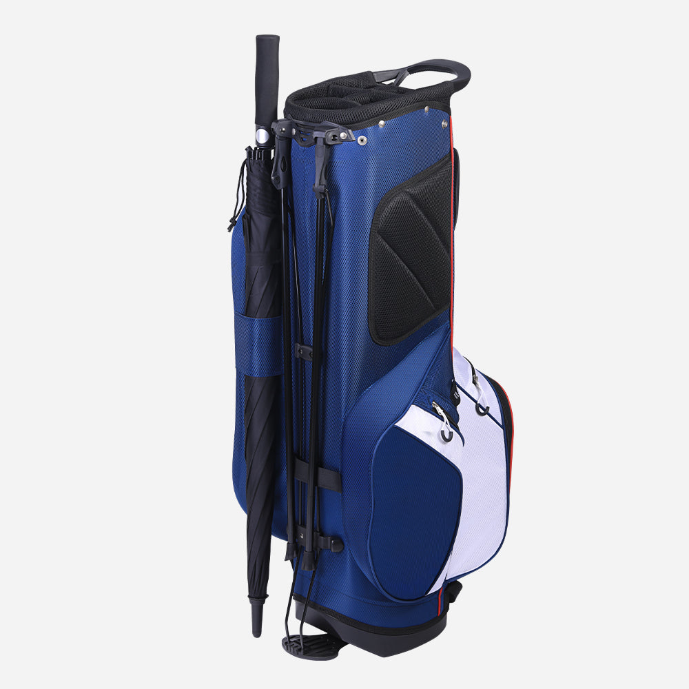 blue golf bag with built-in umbrella holder for rainy days