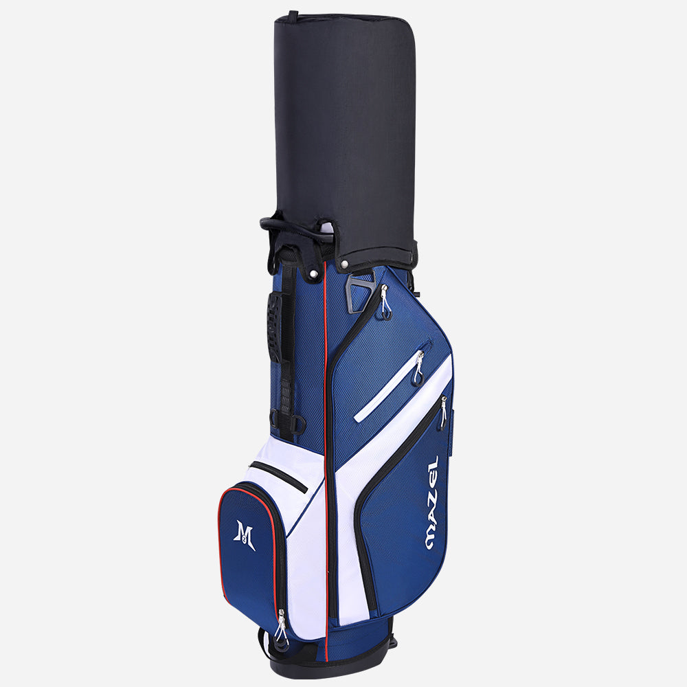 blue golf bag with protective rain cover for travel and storage
