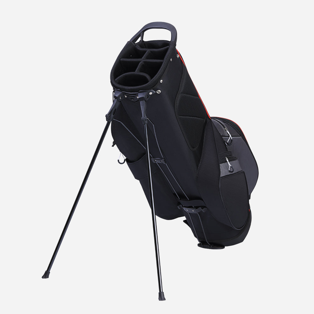 Front view of lightweight black golf stand bag with 6-way dividers
