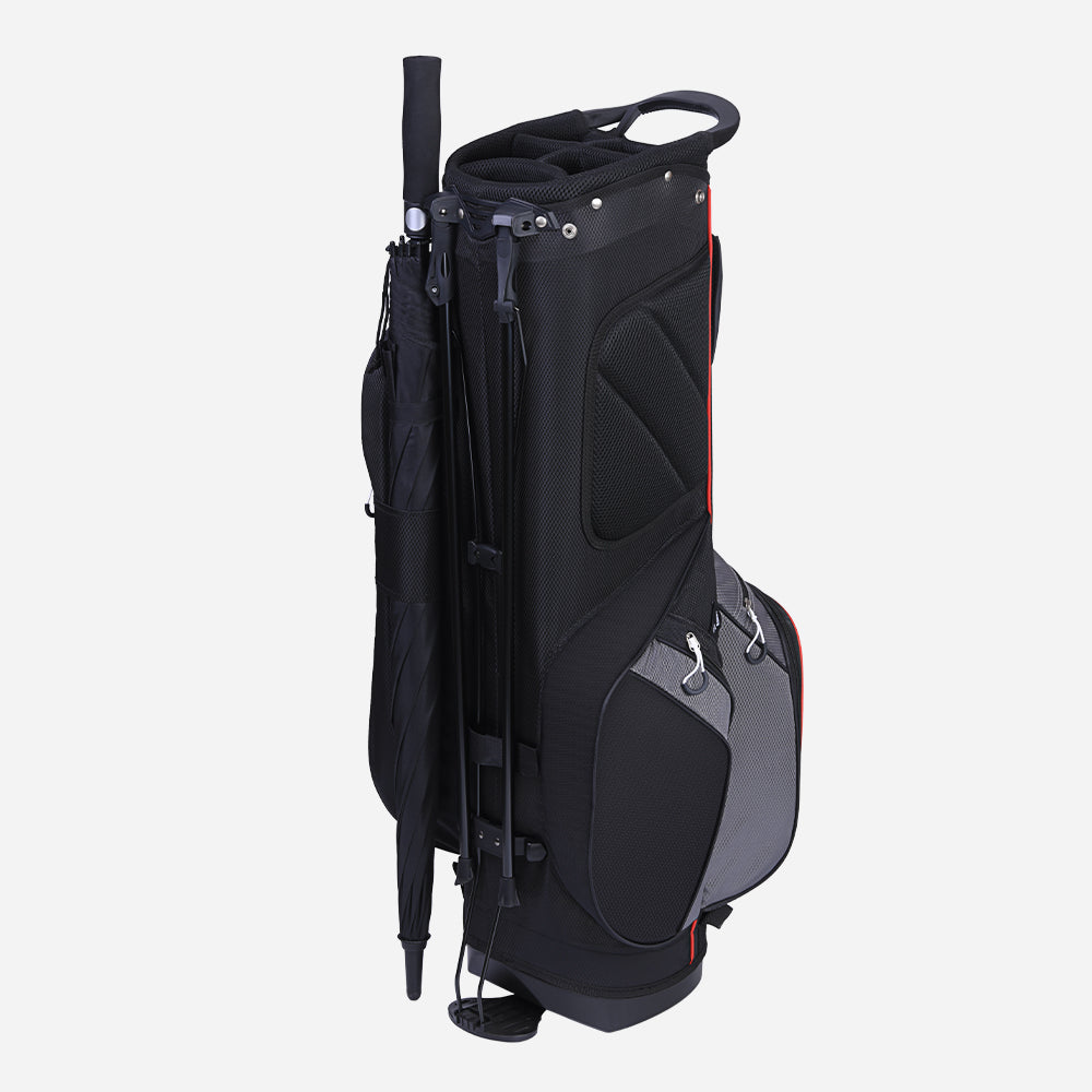 black golf bag with built-in umbrella holder for rainy days