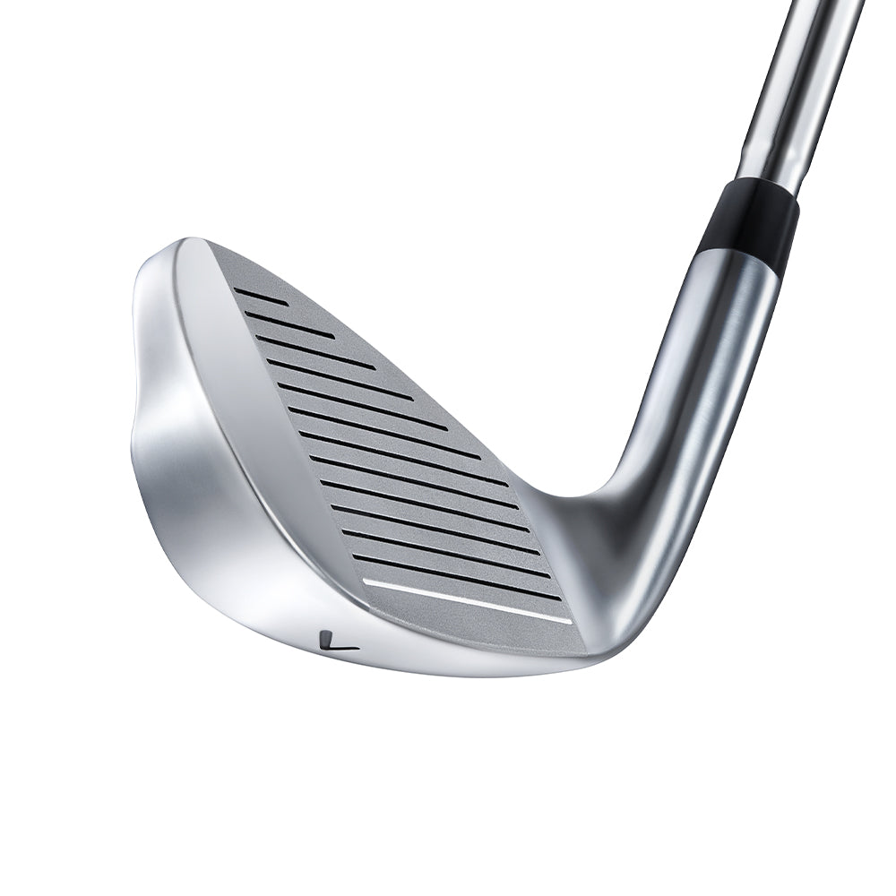 Close-up of CNC milled face on kids 7 iron golf club for accuracy