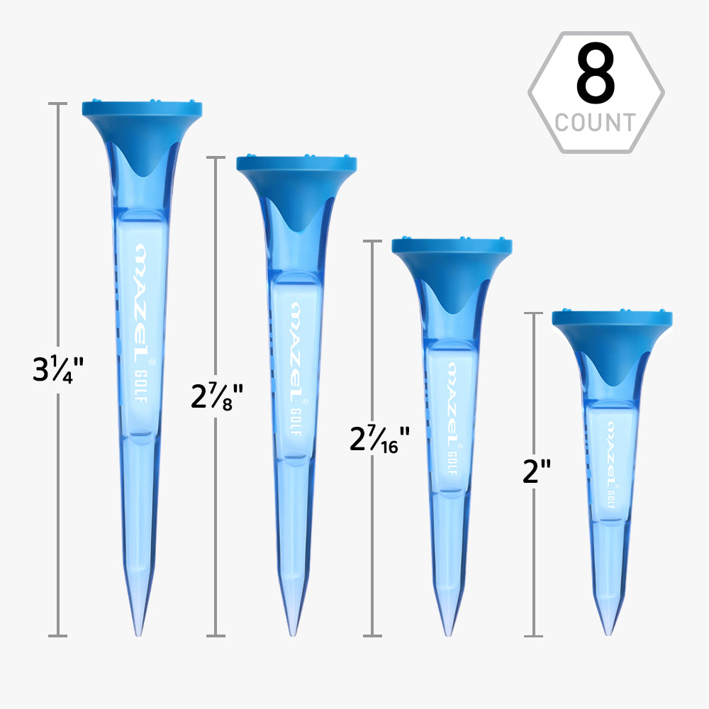 MAZEL blue golf tees in four sizes for drivers, woods, and irons
