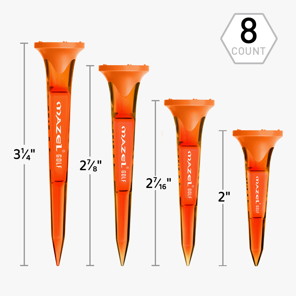 MAZEL orange golf tees in four sizes for drivers, woods, and irons