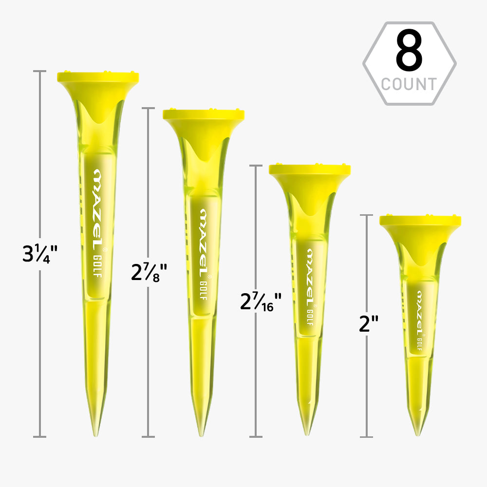 MAZEL yellow golf tees in four sizes for drivers, woods, and irons