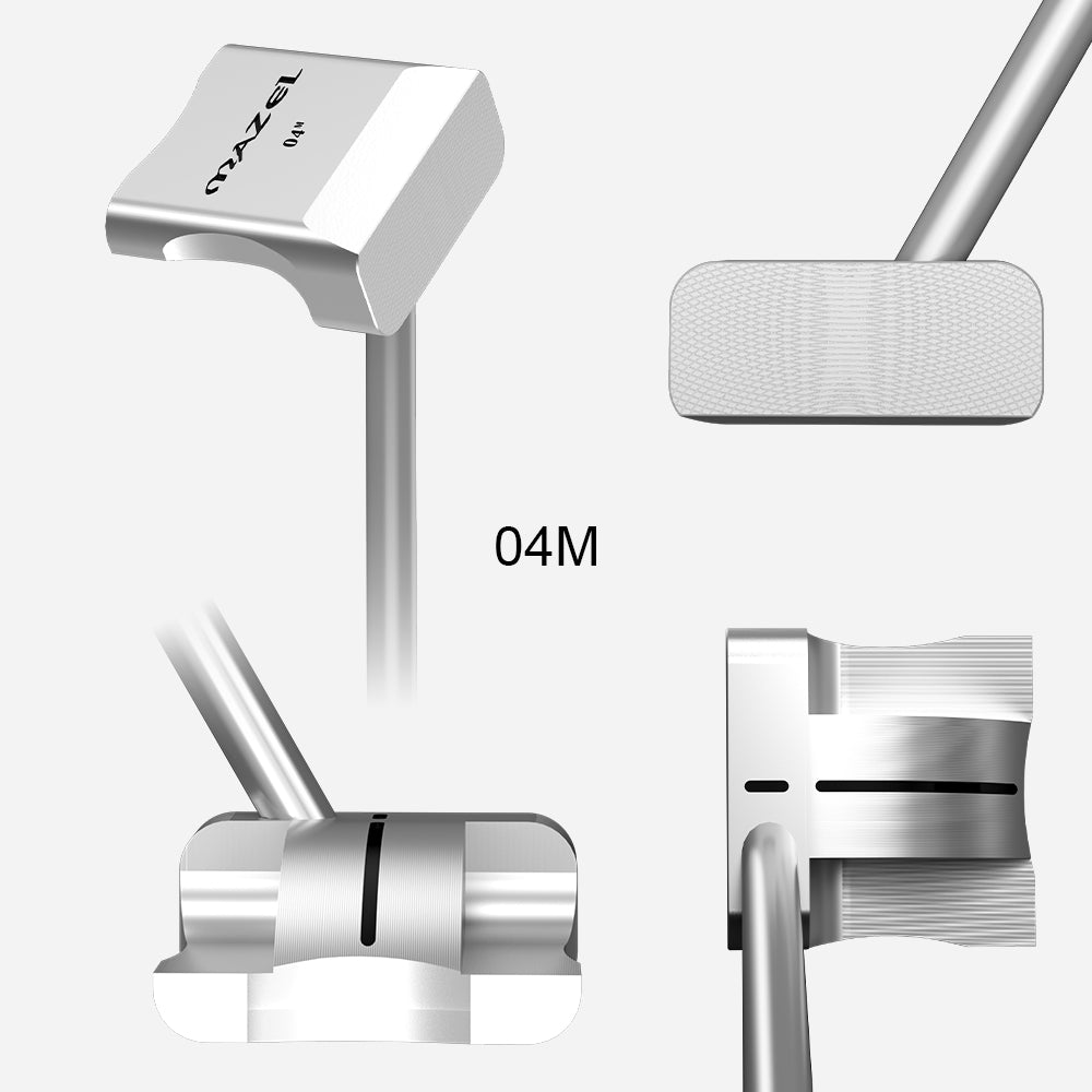 Mini Golf Putter Trainer Aid shown from front, back, side, and top views to display its compact head and balanced design.