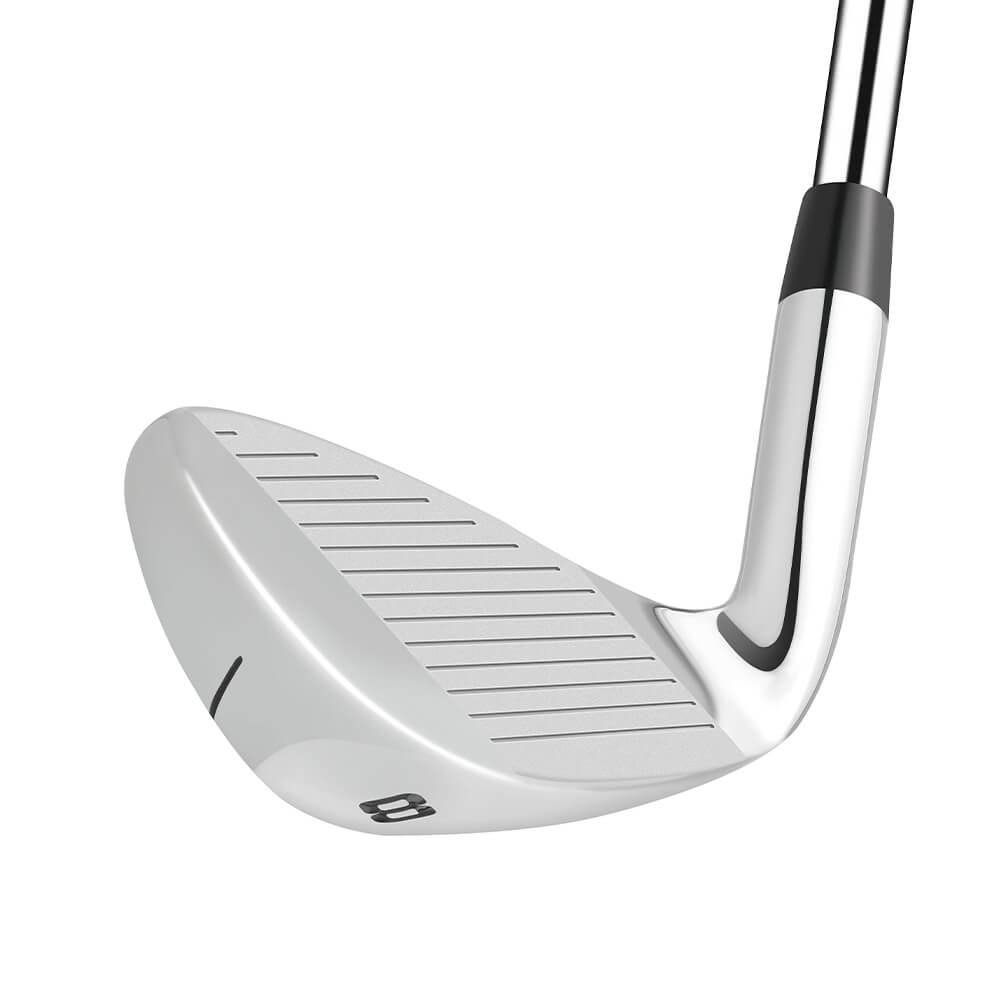 Close-up view of durable forged iron club head with precision grooves for optimal spin