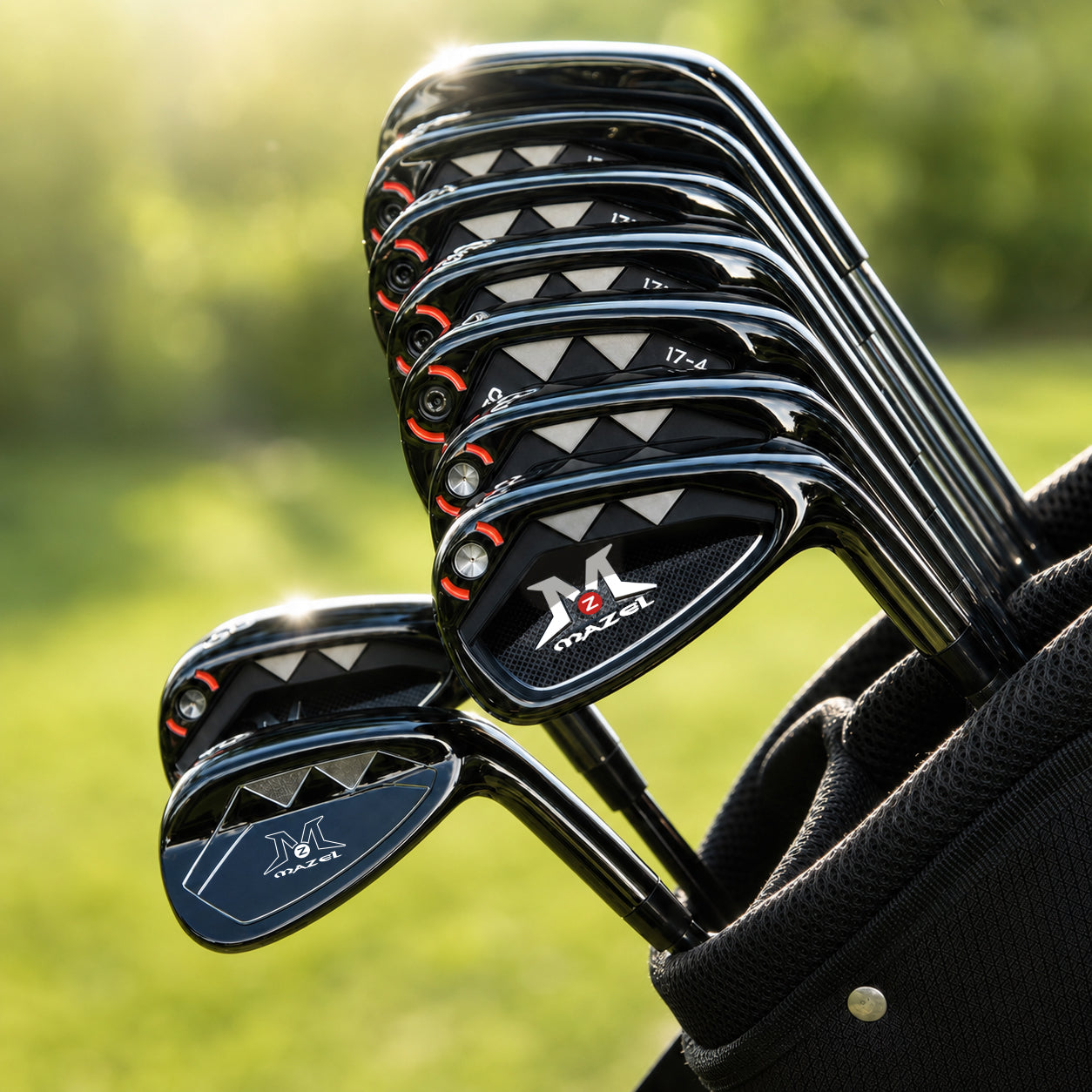 Rear view of MAZEL black game-improvement irons showing hollow-body cavity construction
