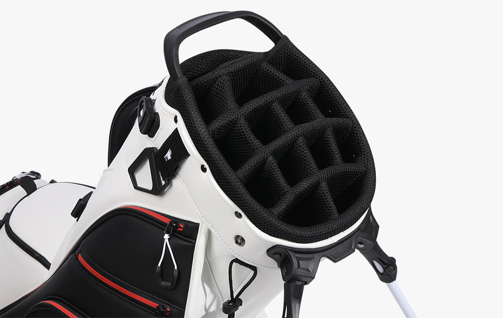Top view of golf bag with 14-way dividers and integrated lift handle for easy club organization and transport