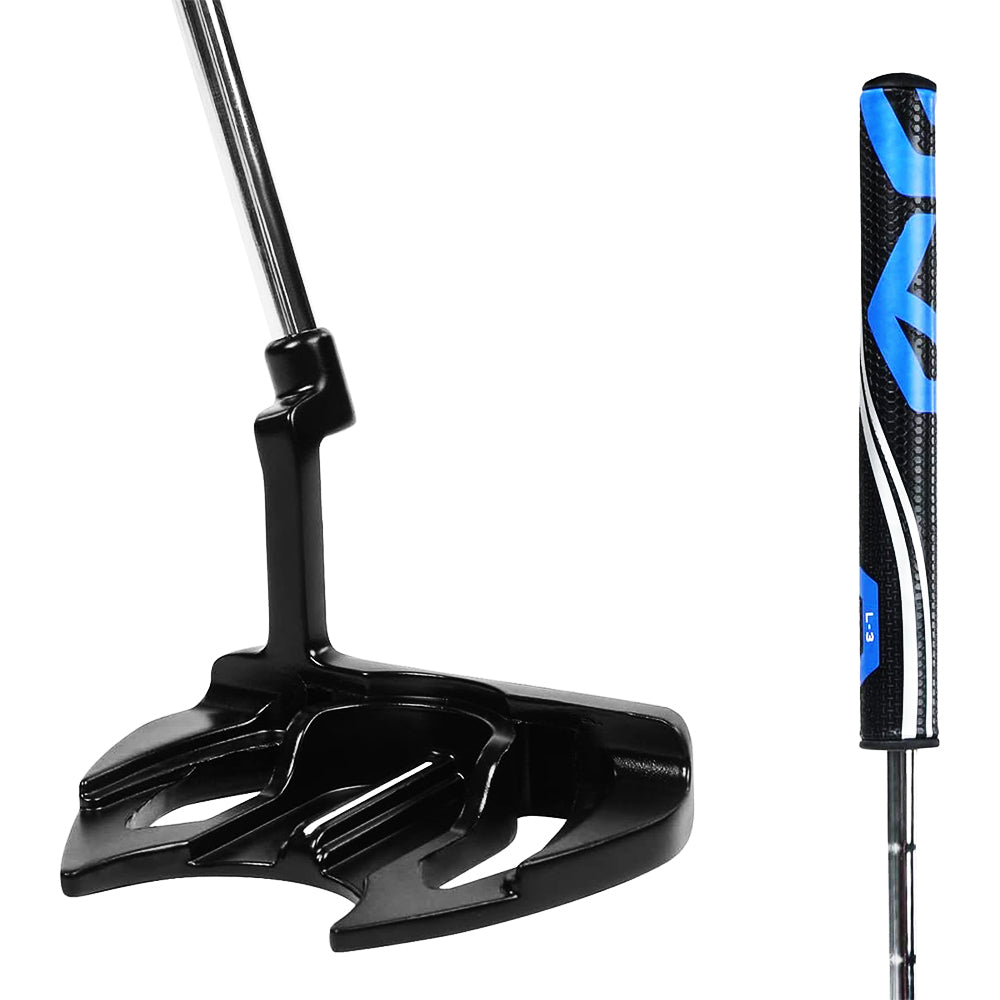 Golf putter with black head and blue grip