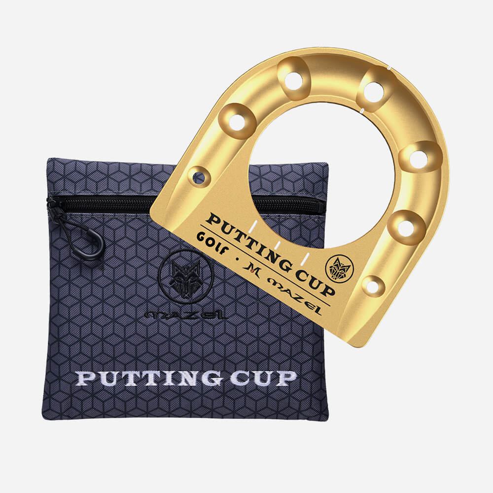 Top view of Gold Mazel Golf Putting Cup Kit with high-strength aluminum cup and premium canvas carry bag – portable golf practice trainer for home, office, or backyard