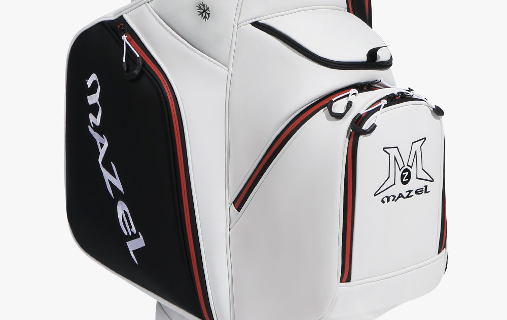 Golf cart bag with multiple front-facing storage pockets and insulated cooler compartment for drinks and accessories