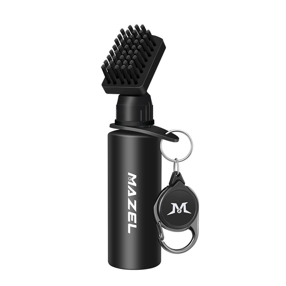 Portable golf club cleaning brush with retractable zipline for easy attachment