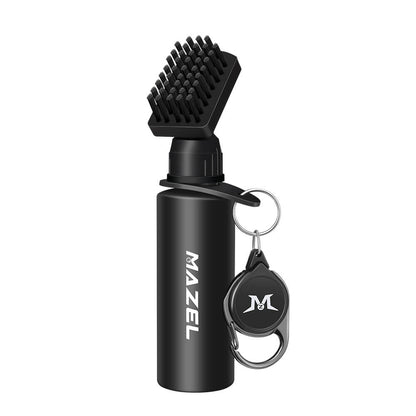 Portable golf club cleaning brush with retractable zipline for easy attachment