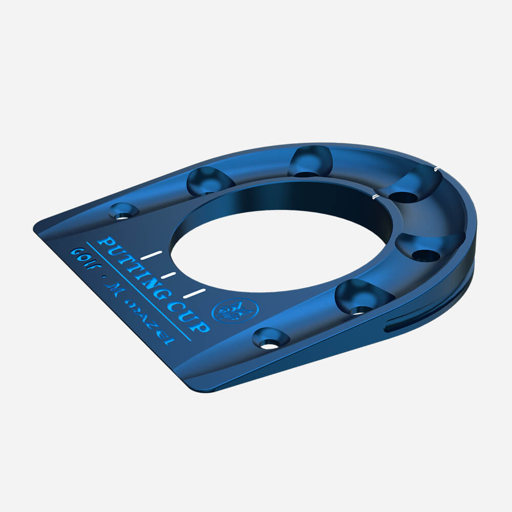 Angled view of Blue Mazel Golf Putting Cup – portable golf trainer for practicing short game, speed, and accuracy