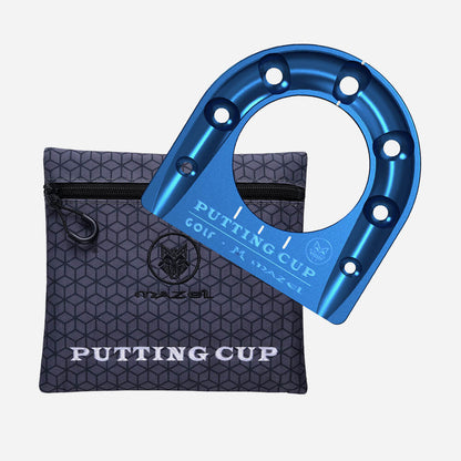 Top view of Blue Mazel Golf Putting Cup Kit with premium aluminum cup and stylish canvas carry bag – portable golf trainer for home, office, or outdoor putting
