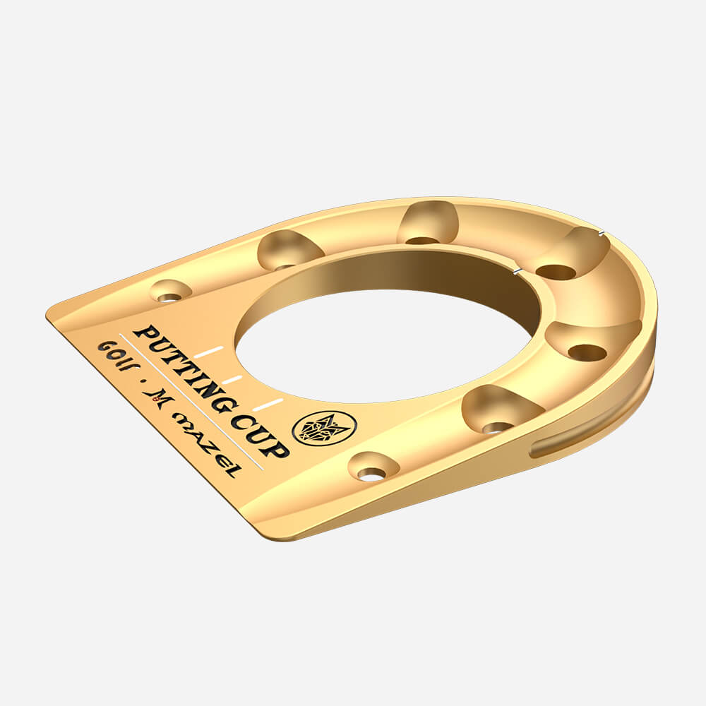 Angled view of Gold Mazel Golf Putting Cup – portable golf trainer for short game practice, speed, and accuracy