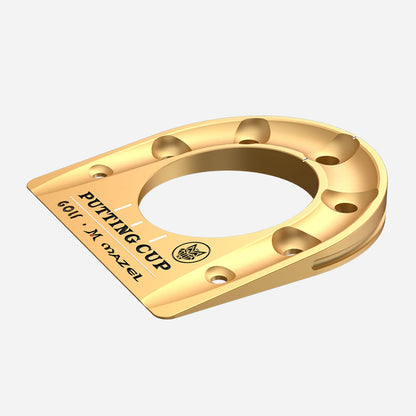 Angled view of Gold Mazel Golf Putting Cup – portable golf trainer for short game practice, speed, and accuracy