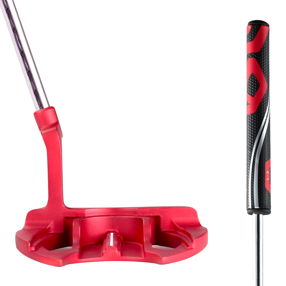 Red golf putter with black and red grip