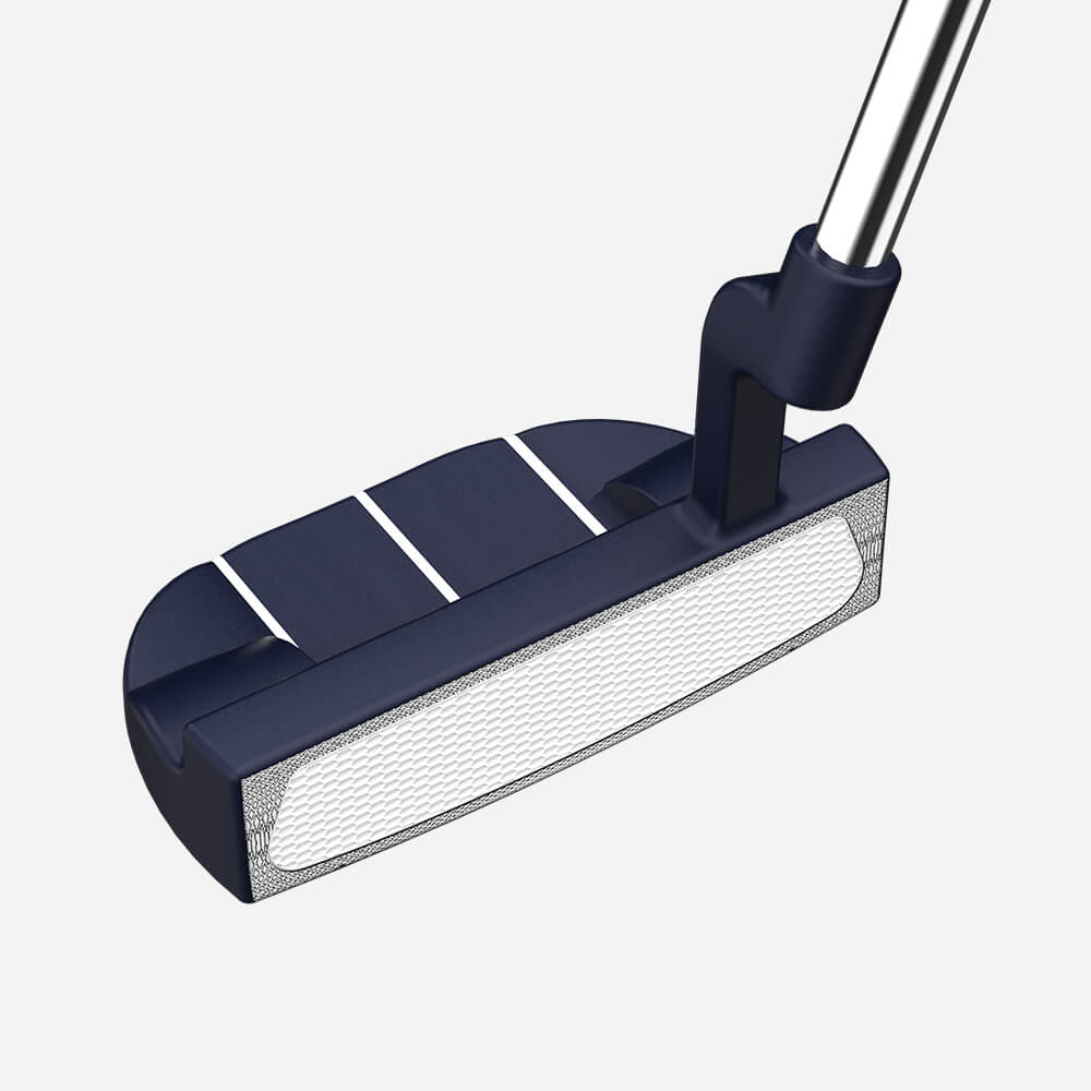 Close-up of blue Mazel Mallet Putter face with urethane insert for controlled roll.