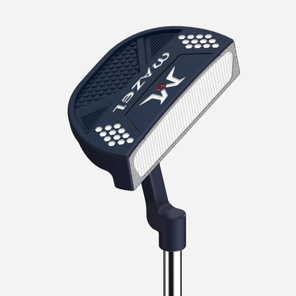 Front view of blue Mazel Mallet Putter with smooth roll for accurate putts.