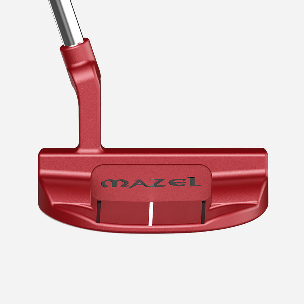 Alignment view of red-black Mazel Mallet Putter for straight putts and confident short game.