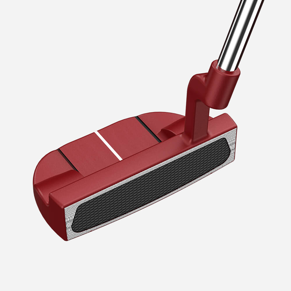 Close-up of red Mazel Mallet Putter face with urethane insert for controlled roll.