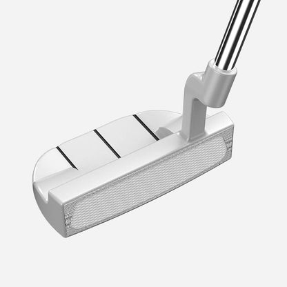 Close-up of white Mazel Mallet Putter face with urethane insert for controlled roll.