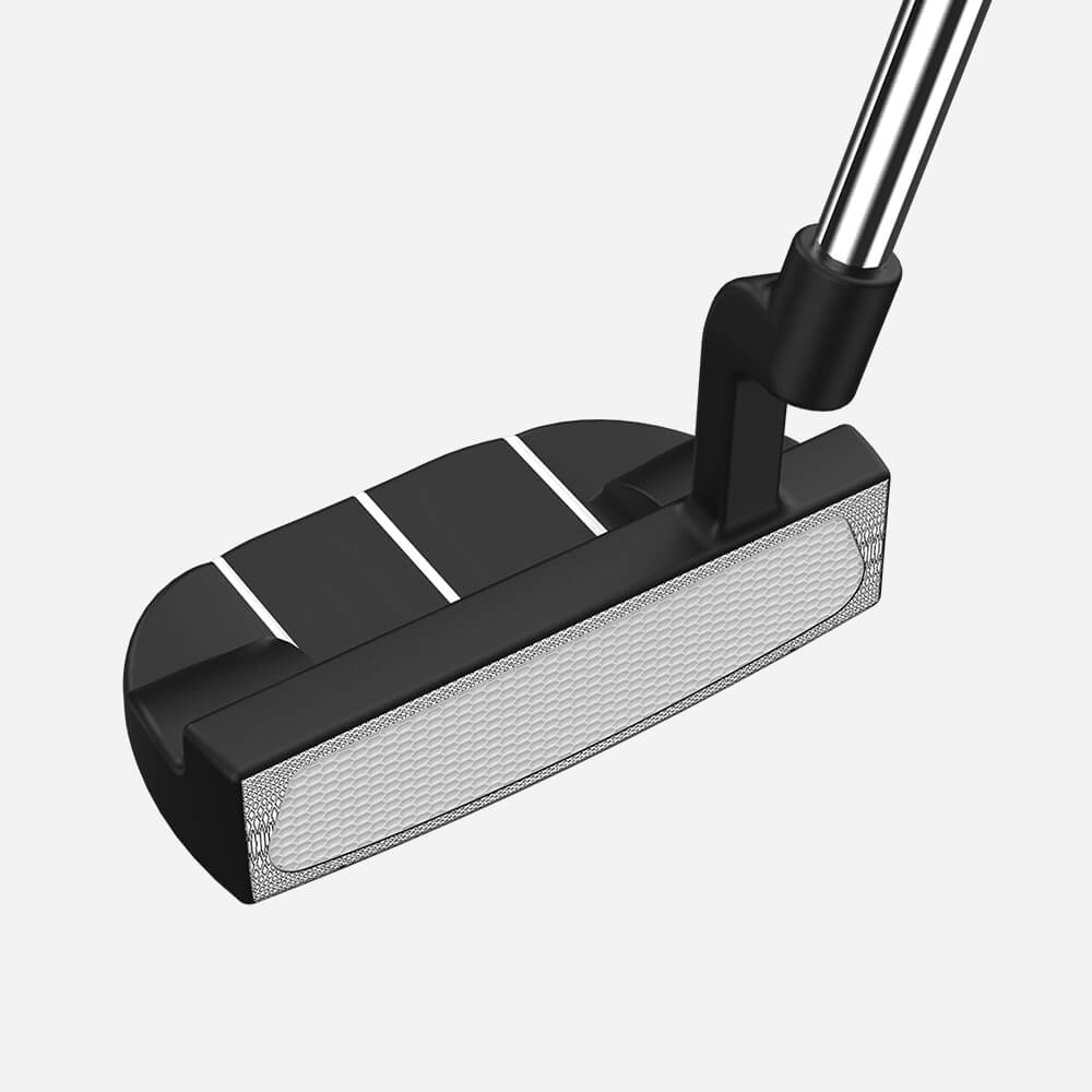 Side view of MazelGolf 34" black mallet putter highlighting urethane insert and half-moon head