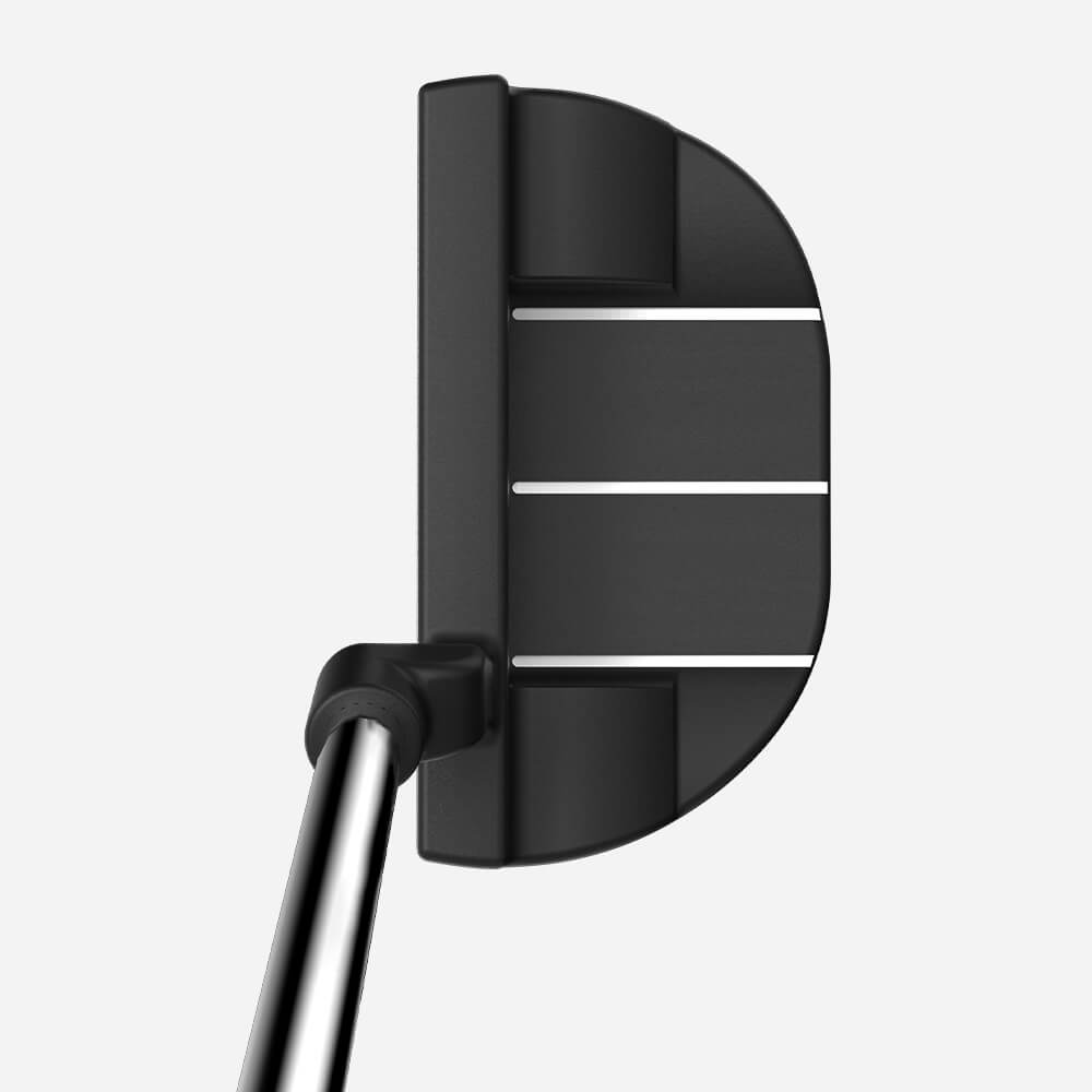 Top view of MazelGolf 34" black mallet putter showing three high-visibility alignment lines