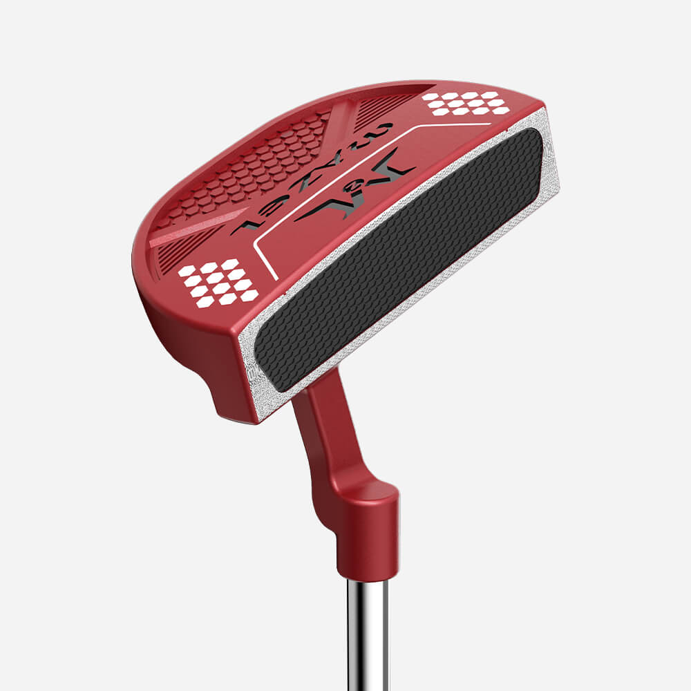 Rear view of MazelGolf 34" red mallet putter showing symmetrical mallet head