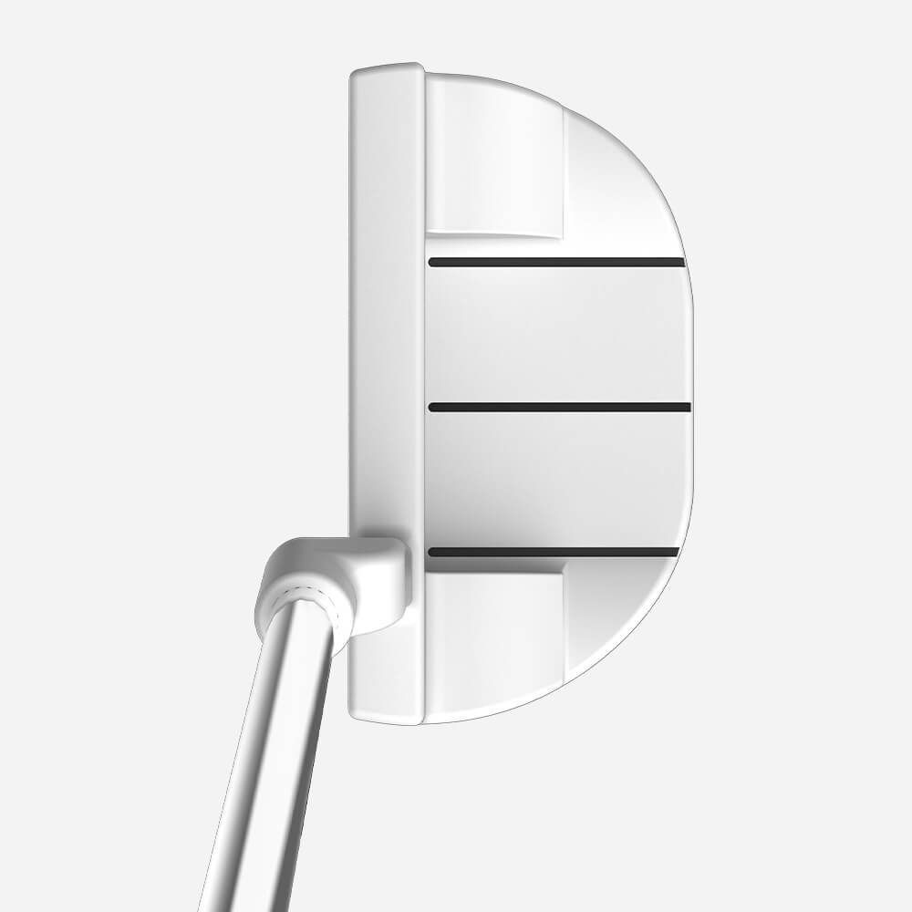 Top-down view of MazelGolf 34" white mallet putter with three alignment lines for precise aim and consistent roll
