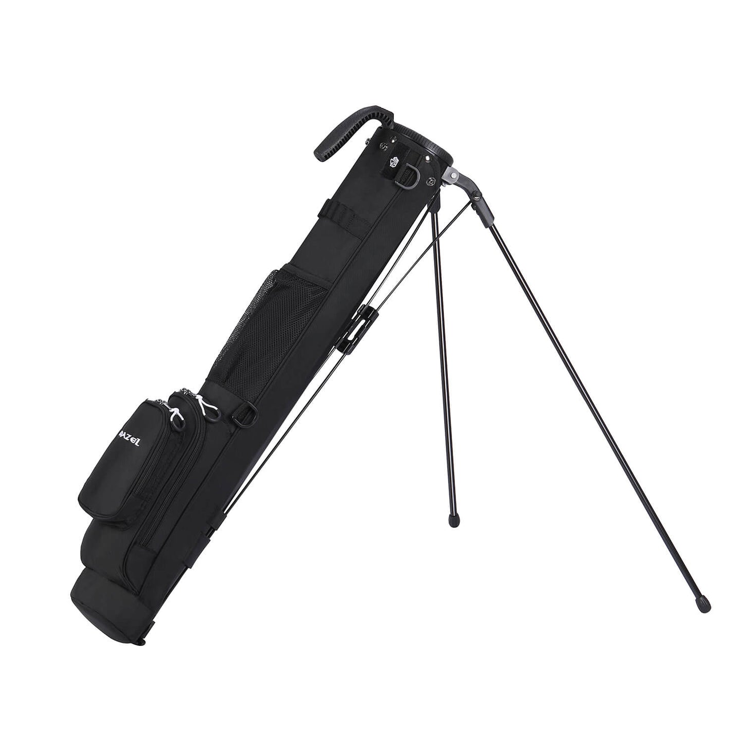 MAZEL Golf Black Pencil Carry Bag – 45-degree stand view, auto-stand fully open, bottom zipper storage