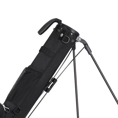 MAZEL Golf Black Pencil Carry Bag – Side detail, mesh pocket, sturdy handle, auto-stand system, fits 6-8 clubs