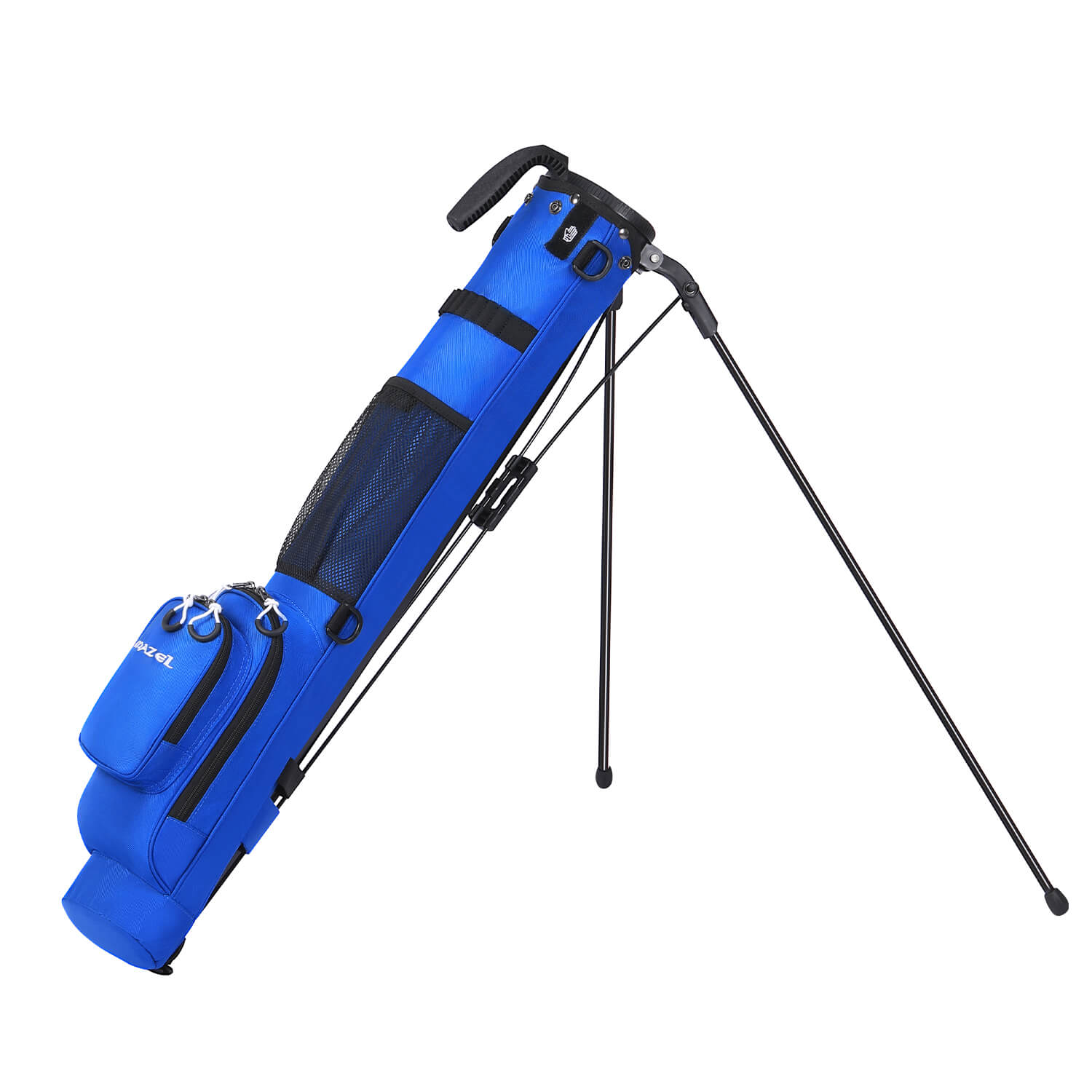 MAZEL Golf Blue Pencil Carry Bag – 45-degree stand view, auto-stand fully open, bottom zipper storage