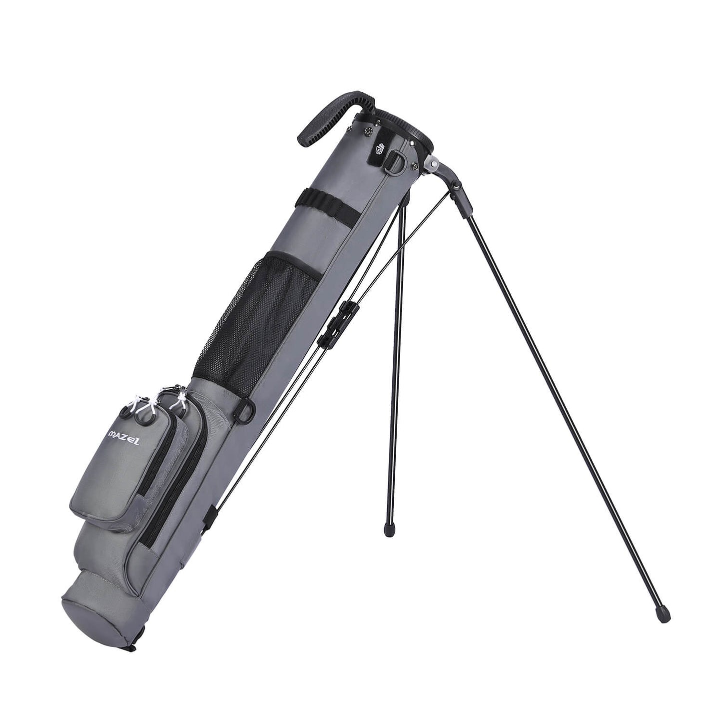 MAZEL Golf Grey Lightweight Sunday Golf Bag – 45-degree stand view, auto-stand fully open, bottom zipper storage