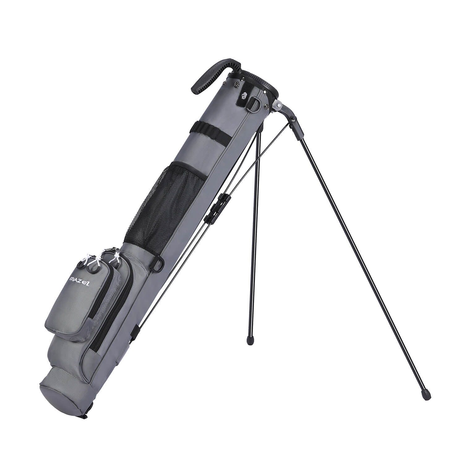 MAZEL Golf Grey Lightweight Sunday Golf Bag – 45-degree stand view, auto-stand fully open, bottom zipper storage