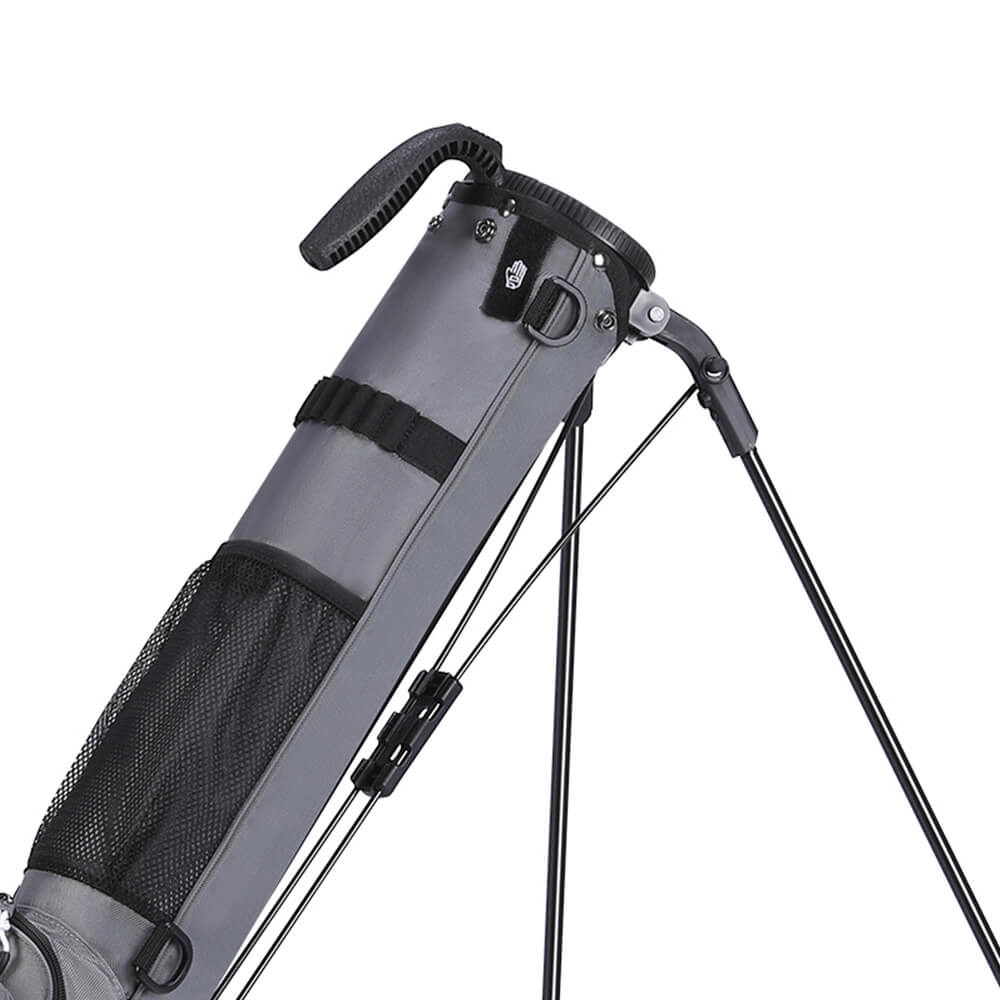 MAZEL Golf Grey Lightweight Sunday Golf Bag – Side detail view with mesh pocket, sturdy handle, and auto-stand connection