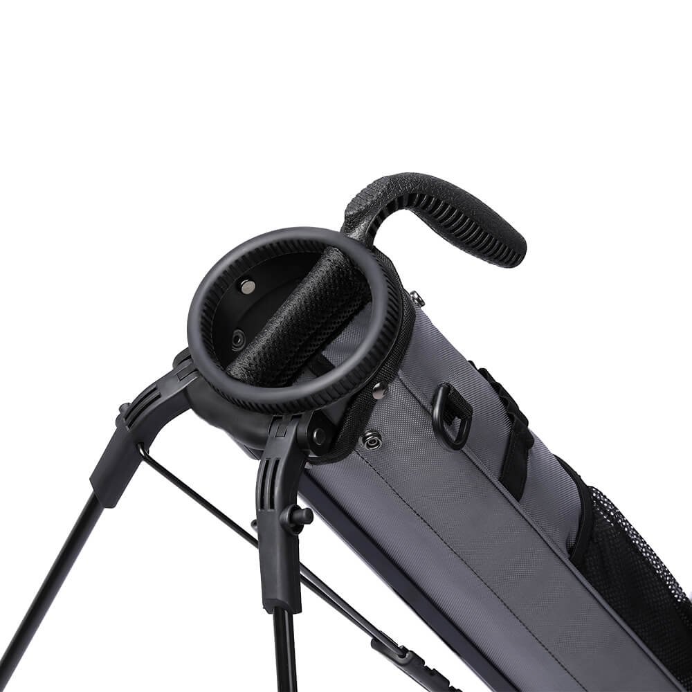 MAZEL Golf Grey Pencil Carry Bag – Top view showing 6-8 club cylinder storage with divider, reinforced handle