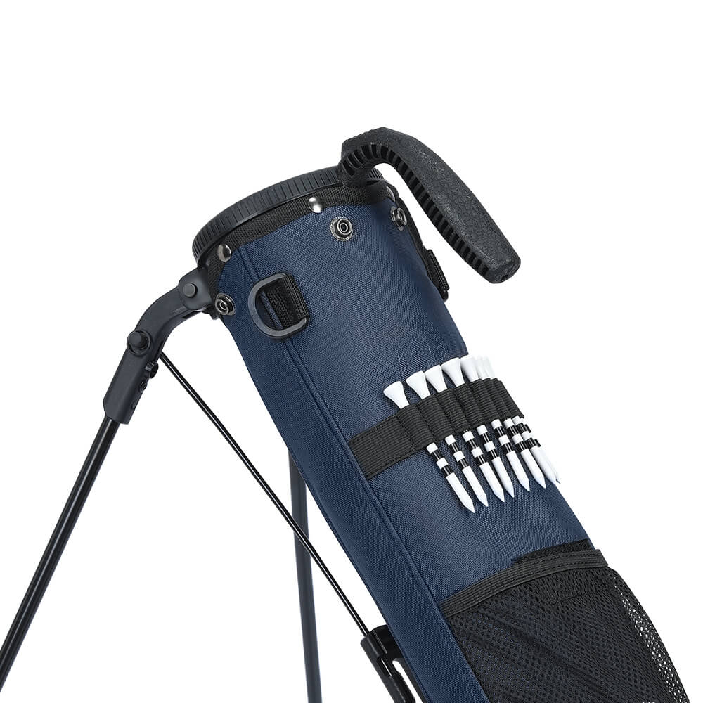 MAZEL Golf Navy Blue Pencil Carry Bag – Side detail with mesh pocket, sturdy handle, auto-stand system, fits 6-8 clubs